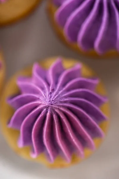 Nybakade Mini Vanilj Muffins Med Ombre Rosa Smörkräm Glasyr Vit — Stockfoto