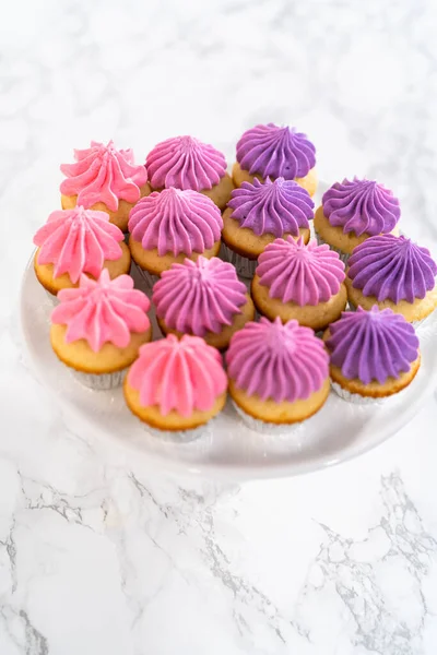 Freshly Baked Mini Vanilla Cupcakes Ombre Pink Buttercream Frosting White — Stock Photo, Image