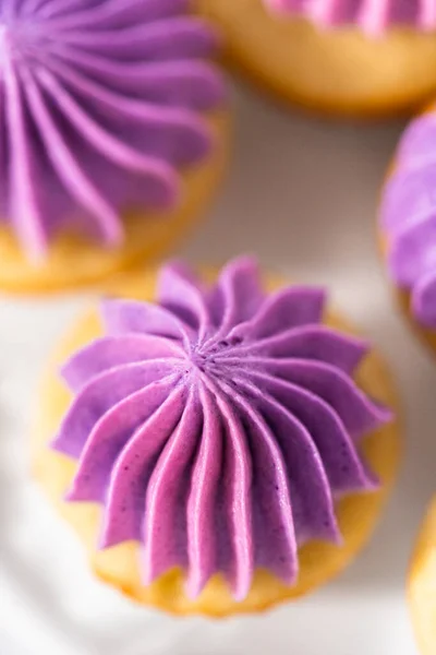 Mini Cupcakes Vanille Fraîchement Cuits Avec Glaçage Beurre Rose Ombre — Photo
