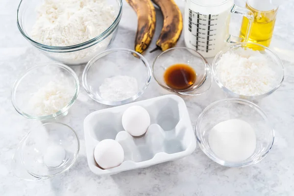 Measured Ingredients Glass Mixing Bowls Prepare Coconut Banana Pancakes Breakfast — Stock Photo, Image