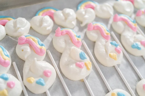 Freshly Baked Unicorn Theme Meringue Pops Cooling Baking Sheets Lined — Stock Photo, Image