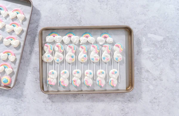Flat Lay Freshly Baked Unicorn Theme Meringue Pops Cooling Baking — Stock Photo, Image