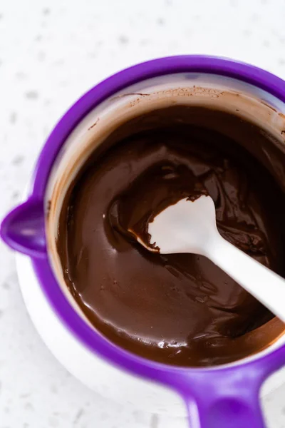 Melting Chocolate Chips Candy Melting Pot Make Chocolate Covered Pretzel — Stock Fotó