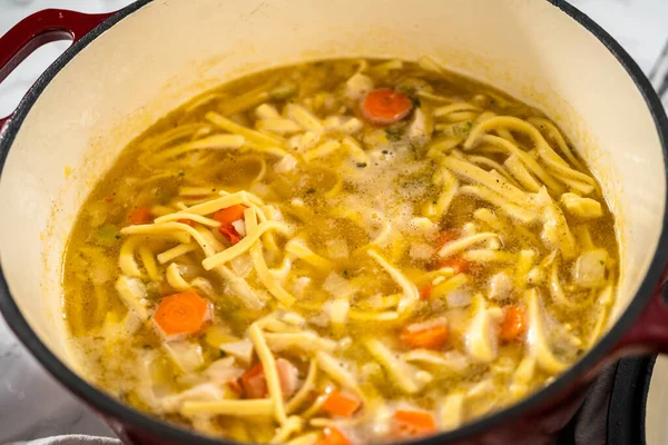 Kook Kip Noodle Soep Met Kluski Noedels Een Geëmailleerde Nederlandse — Stockfoto