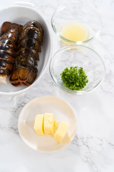 Flat Lay Measured Ingredients Glass Mixing Bowls Prepare Garlic Lobster — Stock Photo, Image