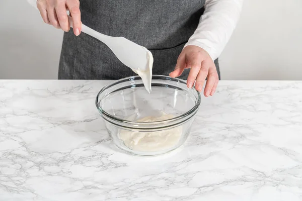 Mixing Ingredients Large Glass Mixing Bowl Make Homemade Royal Icing — Stock Photo, Image