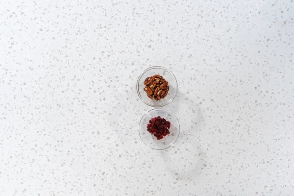 Flat Lay Measured Ingredients Glass Mixing Bowls Make White Chocolate — Stock Photo, Image