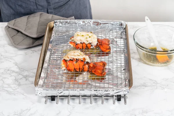 Buttering Lobster Tails Baking Sheet Kitchen Foil — Stock Photo, Image