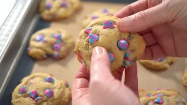 Zaman aşımı. Taze pişmiş tek boynuzlu at çikolatalı kurabiyeleri silikon minderle kaplı bir tepside..