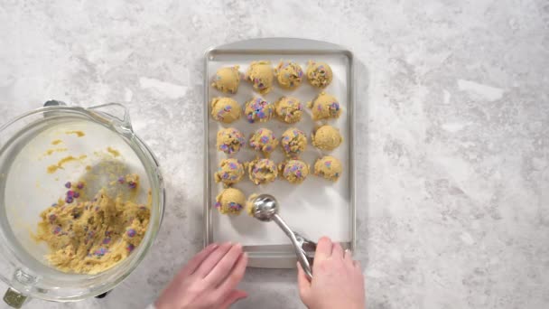 Flat Lay Scooping Cookie Dough Dough Scoop Bake Unicorn Chocolate — Stock Video