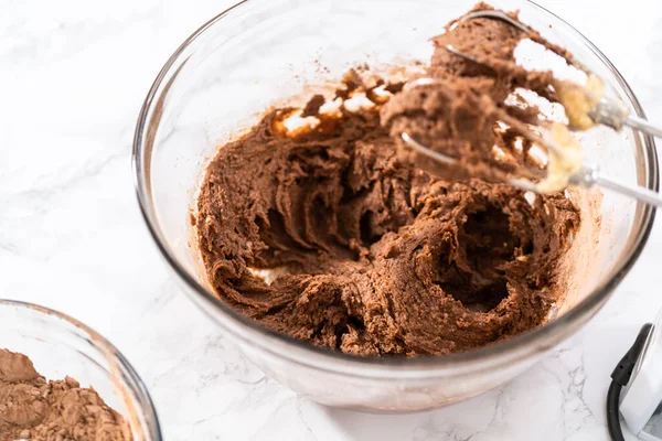 Mixing Ingredients Hand Mixer Bake Chocolate Cookies Chocolate Hearts Valentines — Fotografia de Stock