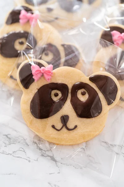 Embalaje Galletas Shortbread Forma Panda Con Glaseado Chocolate Bolsas Claras — Foto de Stock