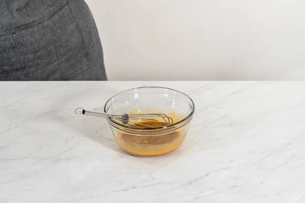 Mixing Ingredients Hand Mixer Small Mixing Bowl Make Caramel Filling — Stock Photo, Image