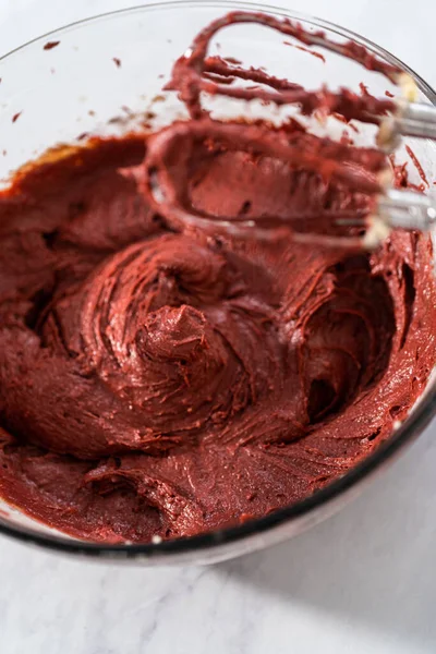 Mixing Ingredients Large Glass Mixing Bowl Bake Red Velvet Bundt — Stock Photo, Image