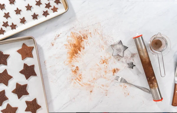 Flat Lay Cutting Star Shaped Chocolate Graham Crackers Dough Cookie — Stock Photo, Image