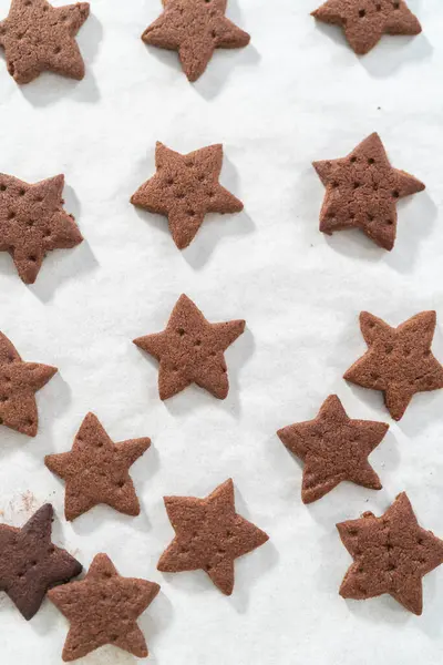 Cooling Freshly Star Shaped Baked Chocolate Graham Crackers Baking Sheet — Stock Photo, Image