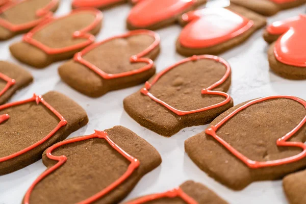 Decorating Christmas Gingerbread Cookies Royal Icing — Stock Photo, Image