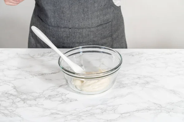 Mixing Ingredients Large Glass Mixing Bowl Make Homemade Royal Icing — Stock Photo, Image