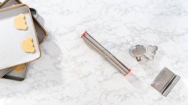 Düz yatıyordu. Yuvarlanan kurabiye hamuru ve panda şeklinde kurabiye kesme.