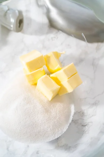 Bolachas Limão Com Chocolate Branco Mistura Ingredientes Misturador Cozinha Para — Fotografia de Stock