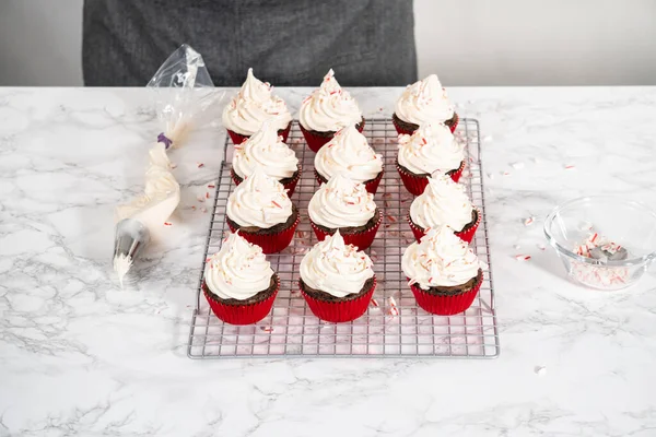 Pipper Peppermint Buttercream Frosting Πάνω Από Σοκολατένια Cupcakes Και Διακόσμηση — Φωτογραφία Αρχείου