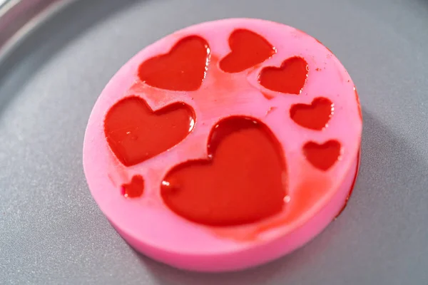 Filling Heart Silicone Chocolate Mold Melted Chocolate Make Chocolate Hearts — Stock Photo, Image