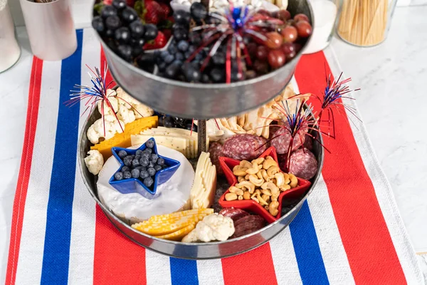 July 4Th Charcuterie Board Two Tiered Serving Metal Stand Filled — Stock Photo, Image
