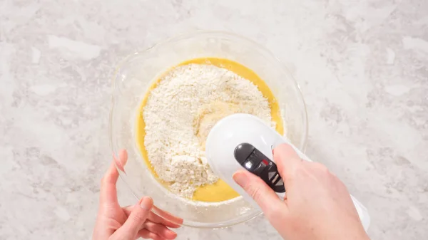 Flat Lay Step Step Mixing Ingredients Glass Mixing Bowl Bake — Stock Photo, Image