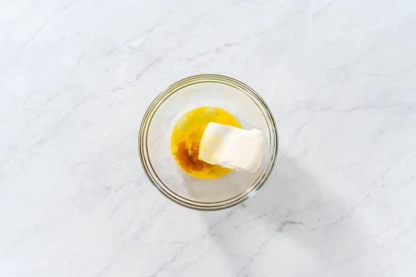 Flat Lay Mixing Ingredients Large Glass Mixing Bowl Make Cream — Stockfoto