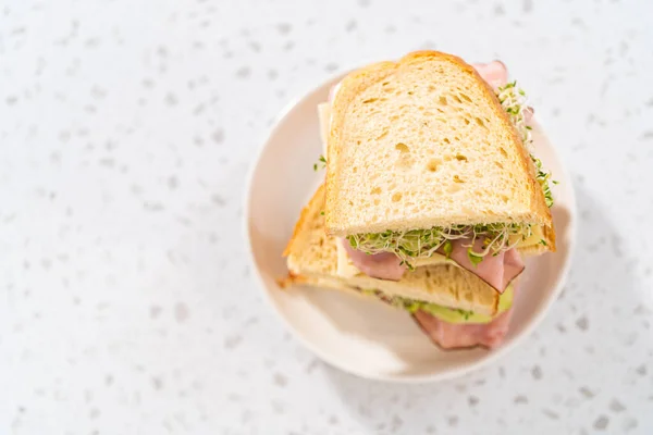 Stack Ham Cucumber Sprout Sandwiches White Plate — Stok fotoğraf