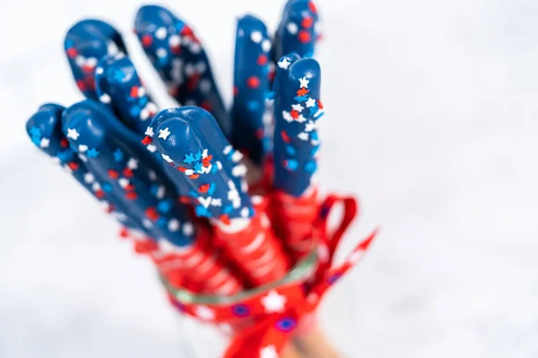 Homemade Chocolate Covered Pretzel Rods Decorated American Flag Glass Jar — Stock Photo, Image