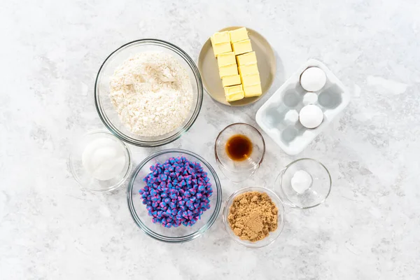 Flat Lay Ingredients Glass Mixing Bowls Bake Unicorn Chocolate Chip — Stock Photo, Image
