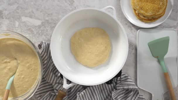Flat Lay Frying Coconut Banana Pancakes Nonstick White Frying Pan — Stock Video