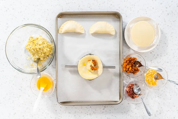 Flat Lay Filling Empanada Dough Egg Filling Make Breakfast Empanadas — Stock Photo, Image