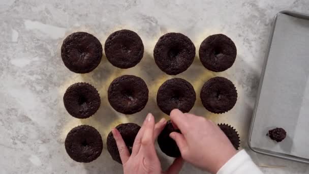 Time Lapse Flat Lay Filling Chocolate Cupcakes Chocolate Ganache — Stock Video