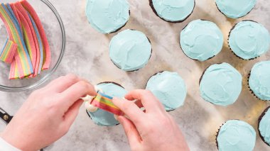 Düz yatıyordu. Adım adım. Çikolatalı kekleri tereyağlı krema ve gökkuşağı şekeriyle süslüyorum..