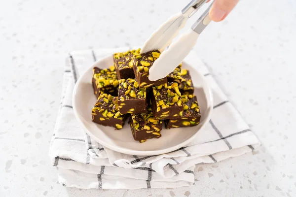 Homemade Chocolate Pistachio Fudge Square Pieces White Plate — Stock Photo, Image