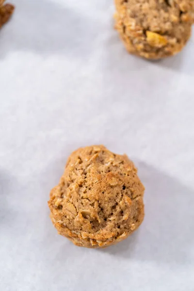 Freshly Baked Apple Oatmeal Apple Chunks Cookies Baking Sheet Lined — Stock Photo, Image