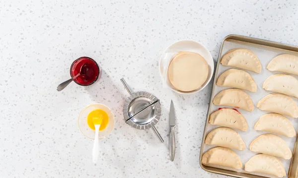 Flat Lay Filling Empanada Dough Cherry Pie Filling Make Sweet — Stock Photo, Image