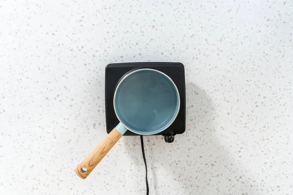 Flat Lay Boiling Water Cooking Pot Prepare Chocolate Pistachio Fudge — Stock Photo, Image