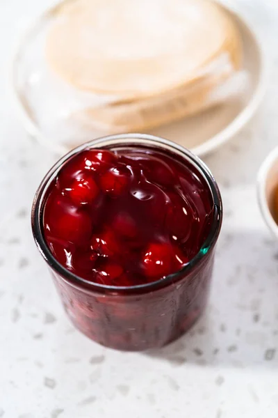 Flat Lay Measured Ingredients Glass Mixing Bowls Make Sweet Cherry — Stock Photo, Image