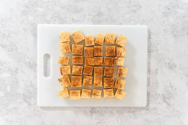 Flat Lay Homemade Eggnog Fudge Pieces White Cutting Board —  Fotos de Stock