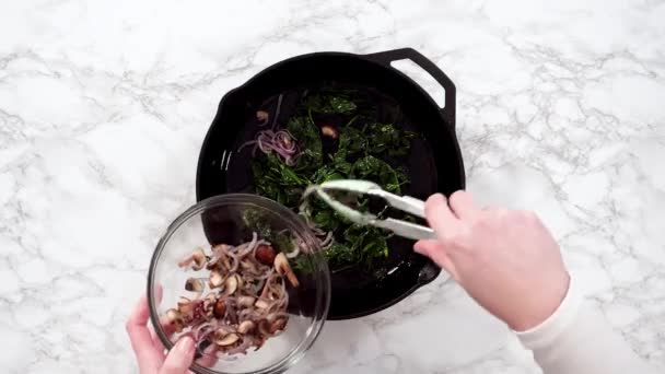 Time Lapse Sauteeing Purple Onion Mushrooms Spinach Ham Frittata — Stock Video