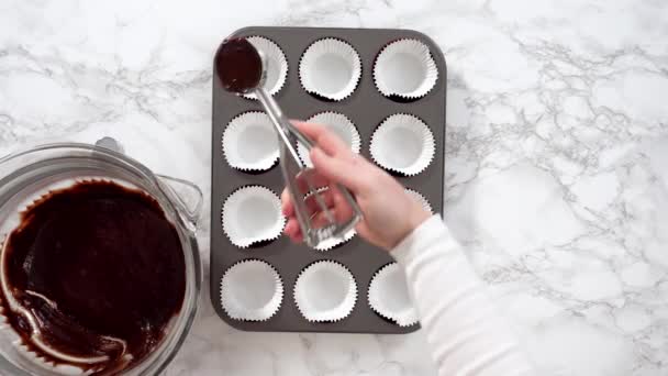 Flat Lay Baking Chocolate Cupcakes Scooping Chocolate Cupcake Batter Cupcake — Stock Video