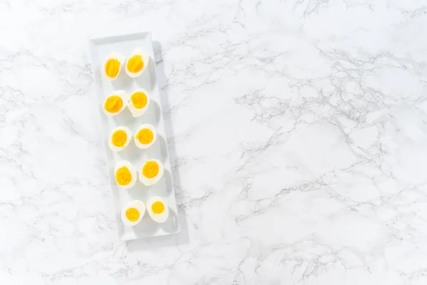 Sliced Hard Boiled Eggs White Serving Plate — Stock Photo, Image