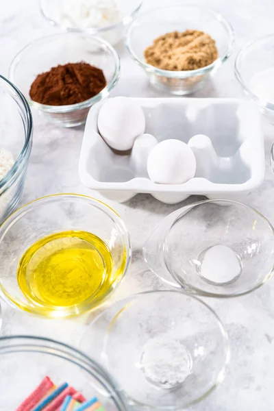 Ingredients Prepare Unicorn Rainbow Chocolate Cupcakes Counter — Stock Photo, Image