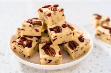 Beyaz seramik tabakta ev yapımı beyaz çikolatalı fındıklı şekerleme parçaları..