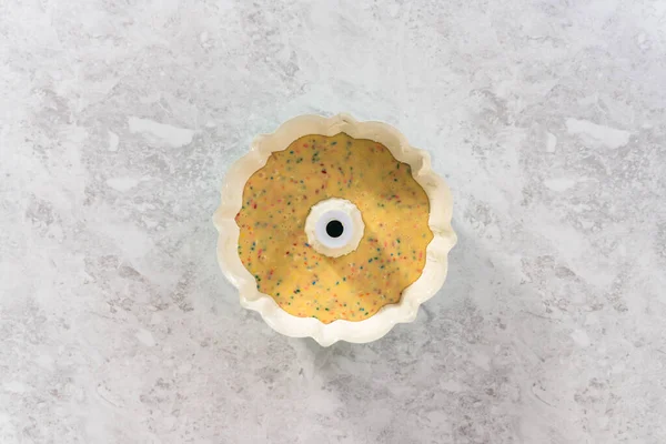 Flat Lay Mixing Ingredients Glass Mixing Bowl Bake Funfettti Bundt — Stock Photo, Image