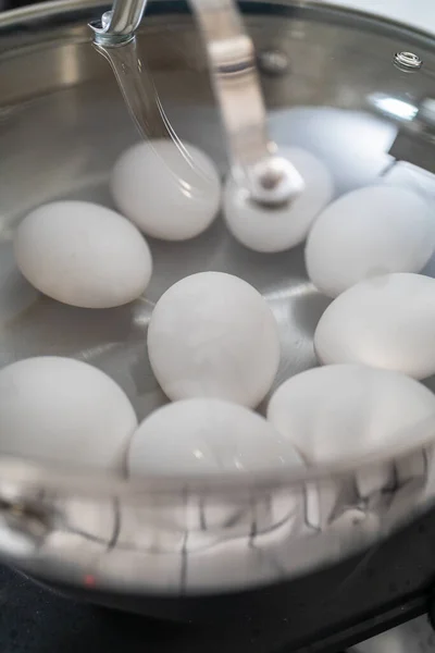 Boiling White Eggs Cooking Pot Prepare Hard Boiled Eggs — Stock Photo, Image