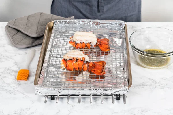 Buttering Lobster Tails Baking Sheet Kitchen Foil — Stock Photo, Image
